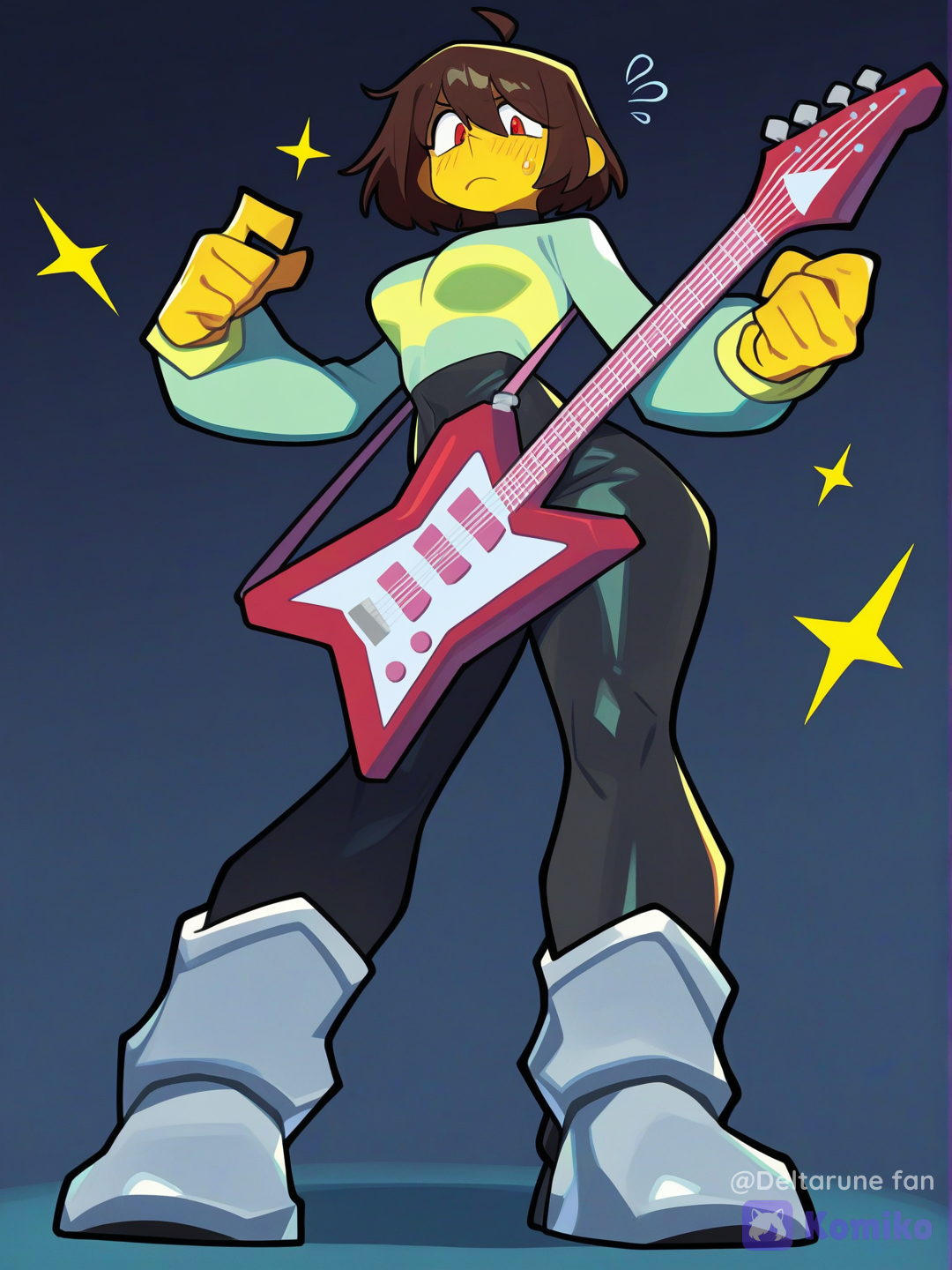full body, @kris-dreemurr-EmMZ,blue skin, black hair with a white streak, rock suit, plays rock guitar, on stage, [layered-cel-anime-style]