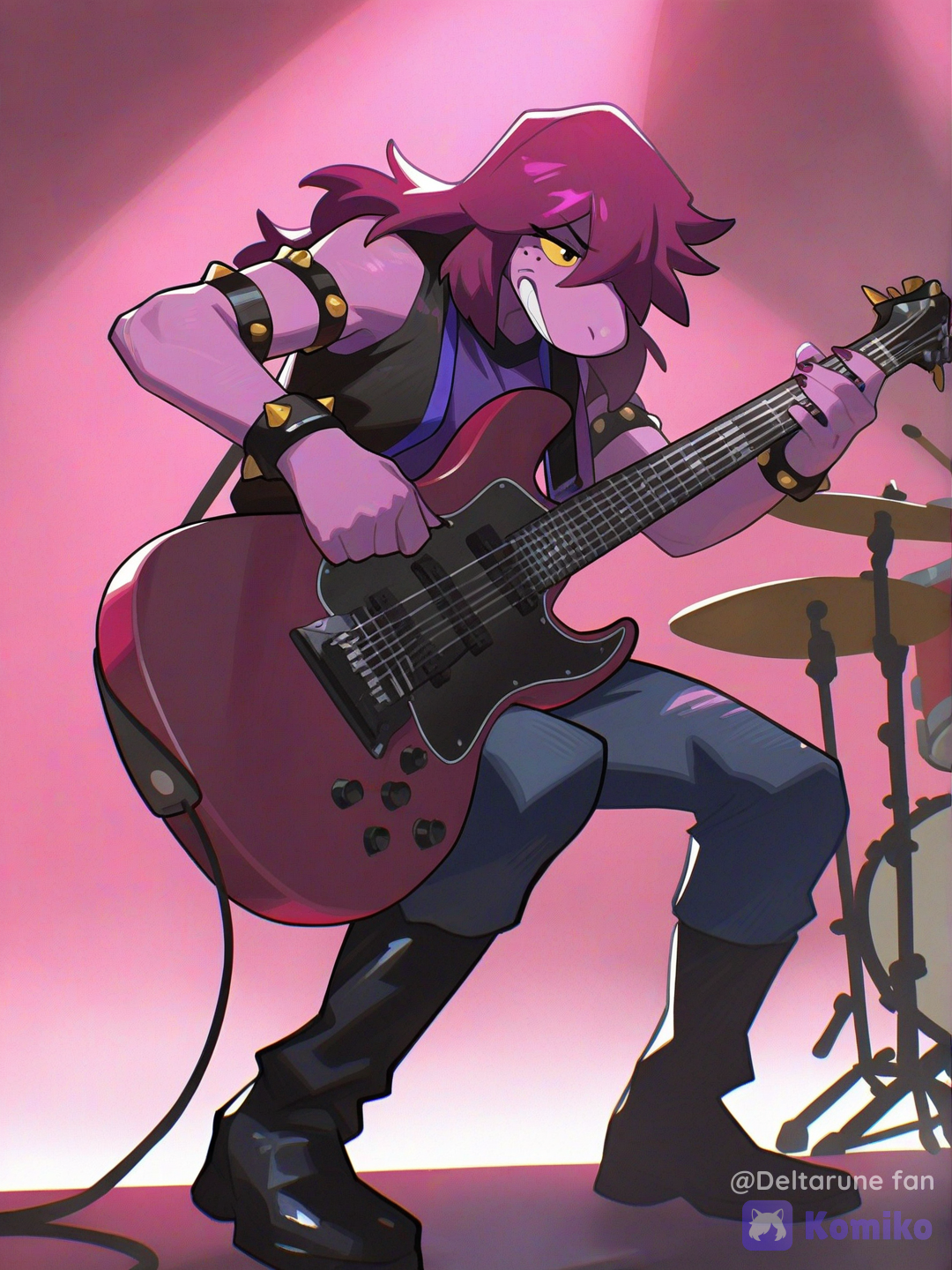 full body, susie (deltarune), pink hair, playing drums, on stage, [layered-cel-anime-style]