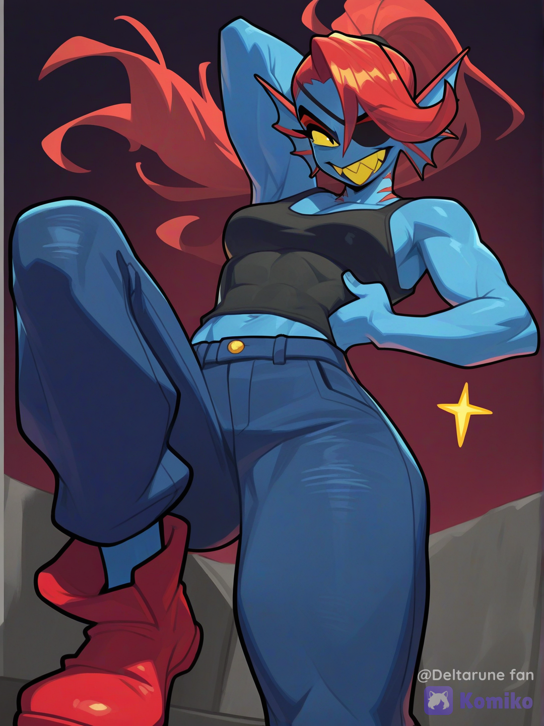 1girls, Undyne Undertale, red hair, blue skin, eye patch on left eye, black shirt, blue pants, red shoes, yellowish teeth, slightly muscular, sharp teeth., [layered-cel-anime-style]