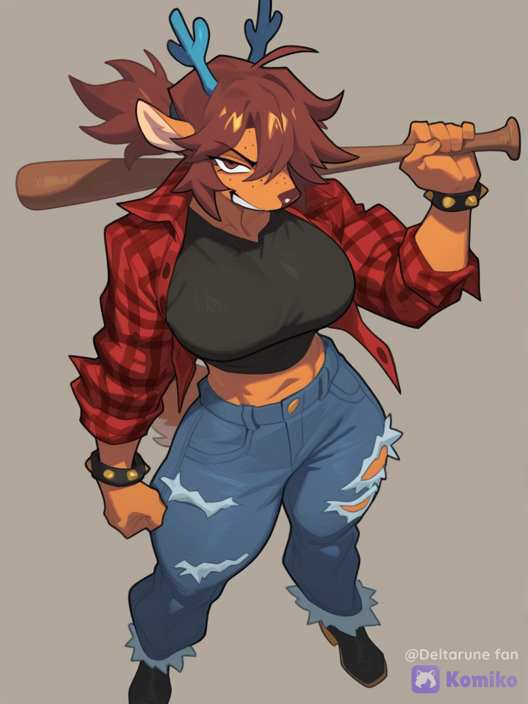 full body, 1girl, dess (deltarune), Deer girl, brown skin, short brown hair, deer ears, blue antlers, brown eyes, brown nose, deer tail, red flannel shirt, blue ripped jeans, black top, bully girl, holds a bat, rebel, [layered-cel-anime-style]