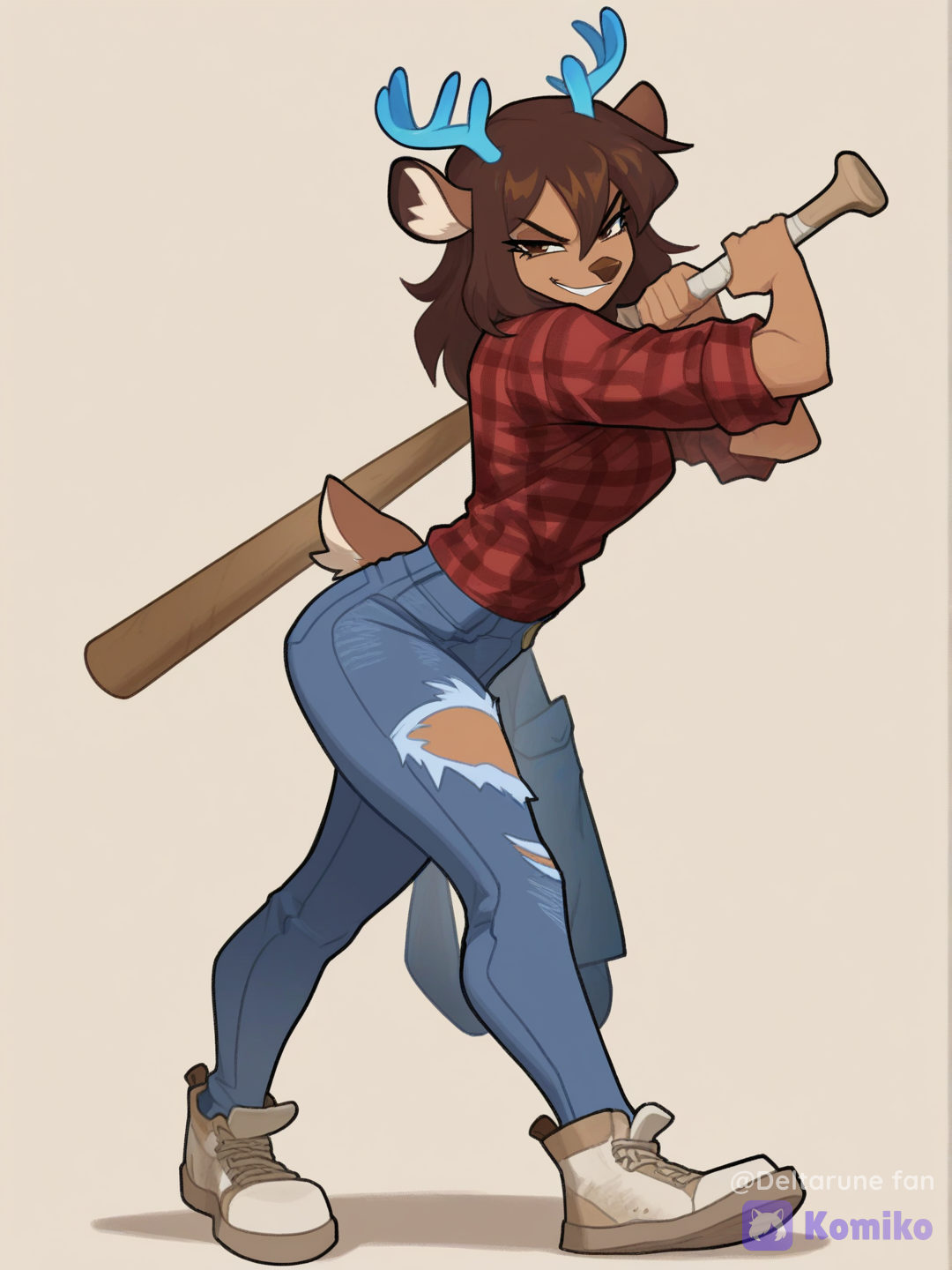 full body, 1girl, dess (deltarune), Deer girl, dark brown skin, short brown hair, deer ears, blue antlers, brown eyes, brown nose, deer tail, red flannel shirt, blue ripped jeans, black top, bully girl, holding a wooden bat, rebel, [layered-cel-anime-style]