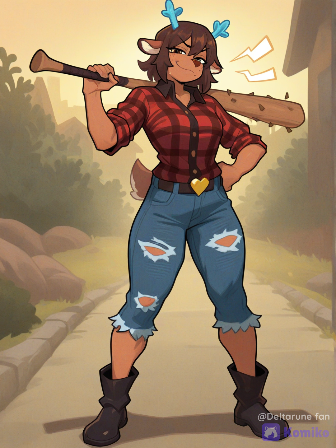 full body, 1girl, (deltarune), Deer girl, dark brown skin, short brown hair, deer ears, sharp blue antlers, brown eyes, brown nose, deer tail, red flannel shirt, blue ripped jeans, black top, bully girl, holding a wooden bat, [layered-cel-anime-style]