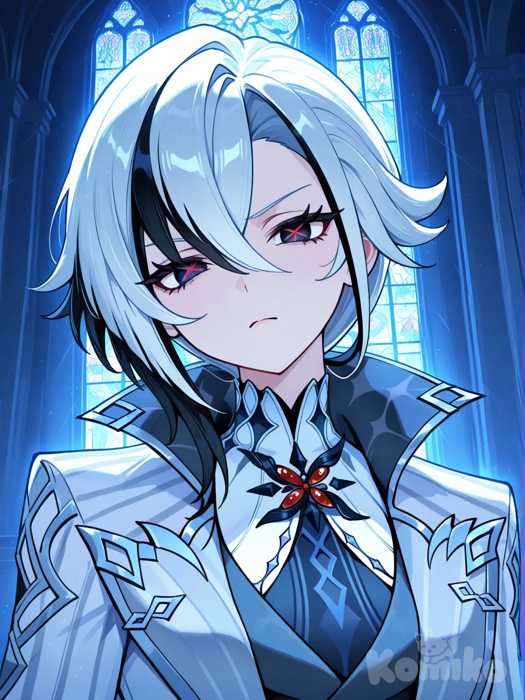 [semi-realistic--style], angry, @Arlecchino_(Genshin_Impact), head tilt, church, backlight