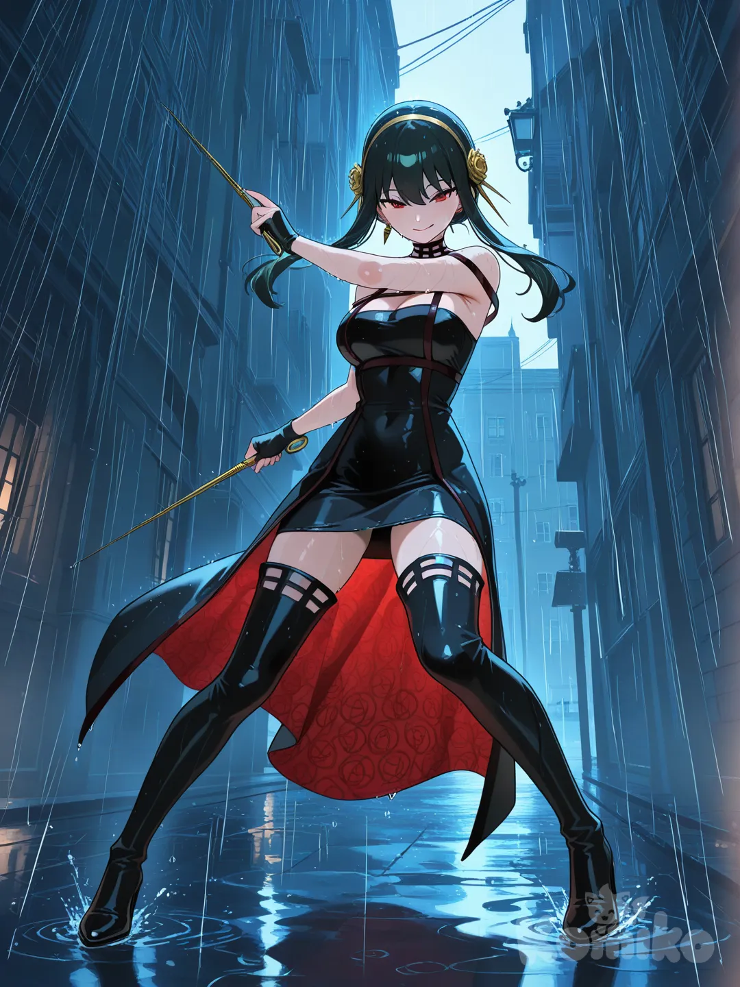 @Yor_Briar, holding gun, smirk, ultra-, ultra-wide shot, backlight, rainy