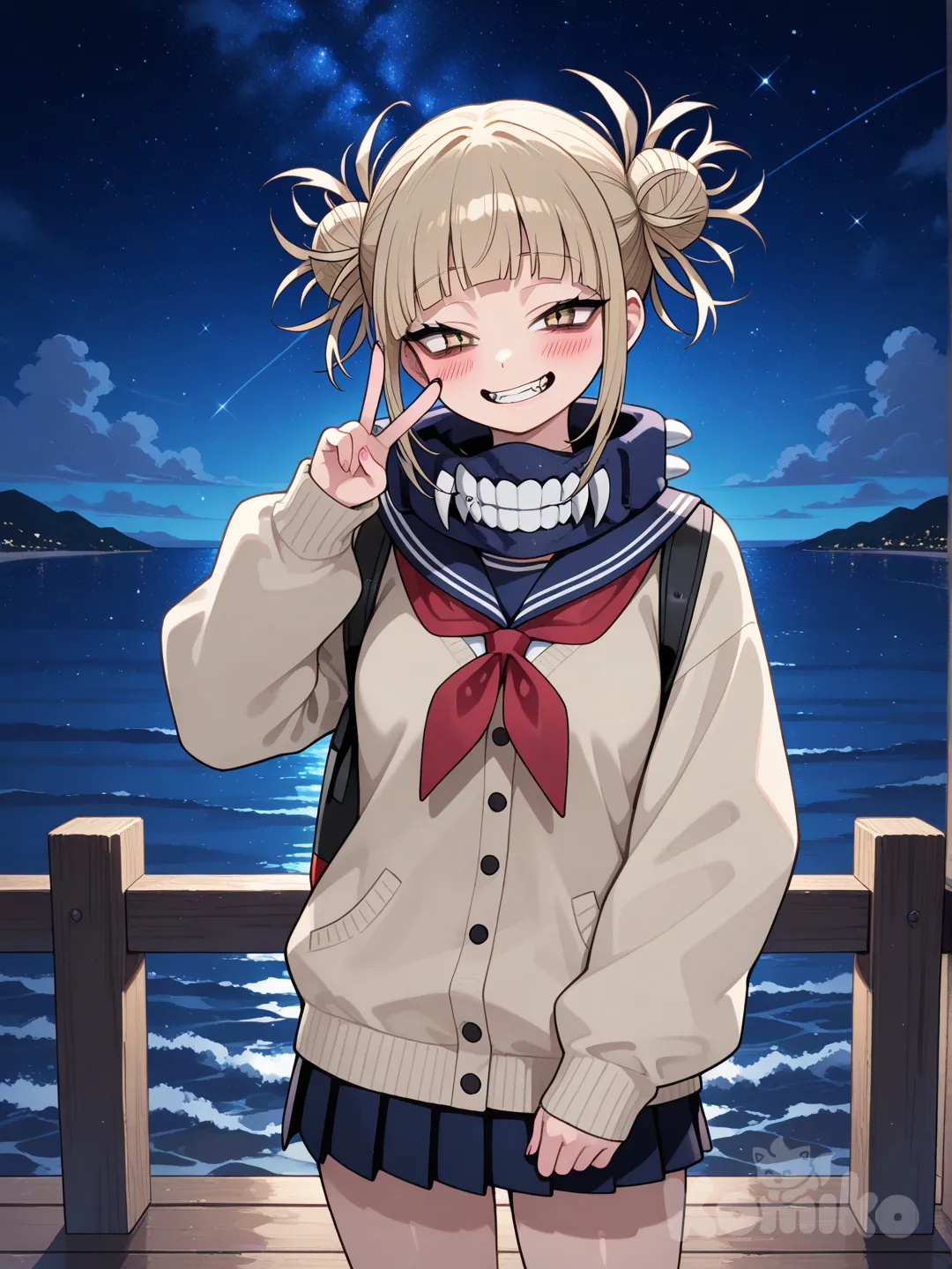 @Toga_Himiko, v sign, smirk, cowboy shot, night, pier