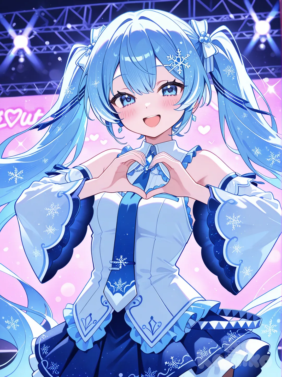@Yuki_Miku, dancing, heart hands, laughing, blush, blurred background, neon lights, stage