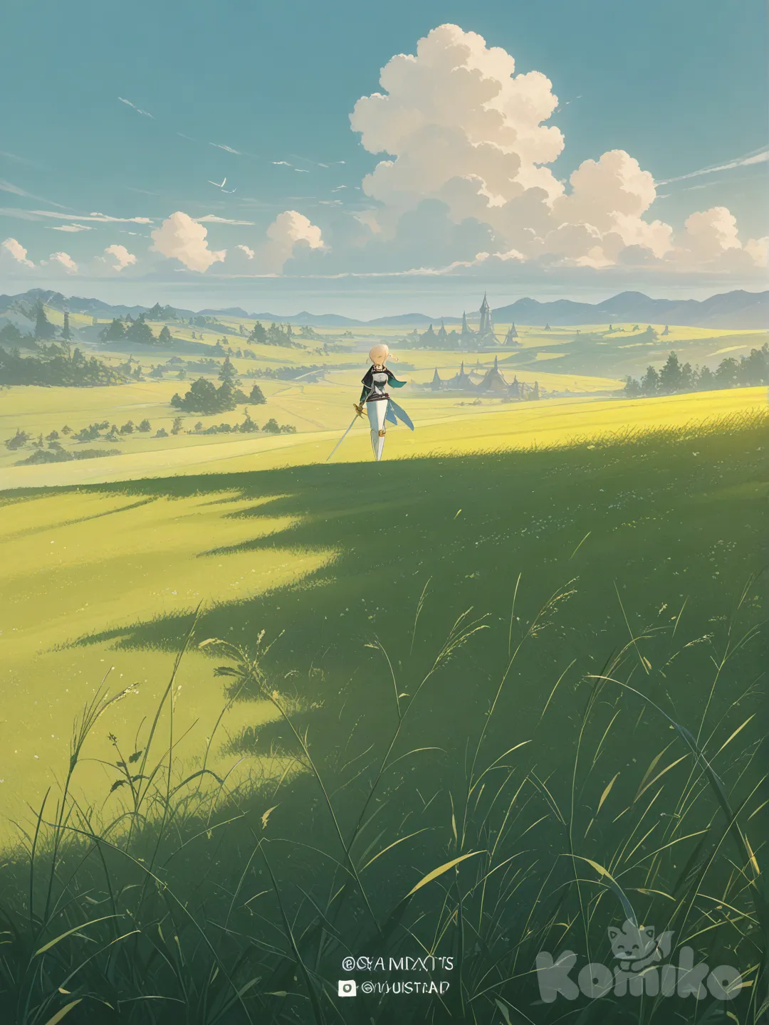 @Jean_(Genshin_Impact), holding sword, frown, ultra-wide shot, grassland