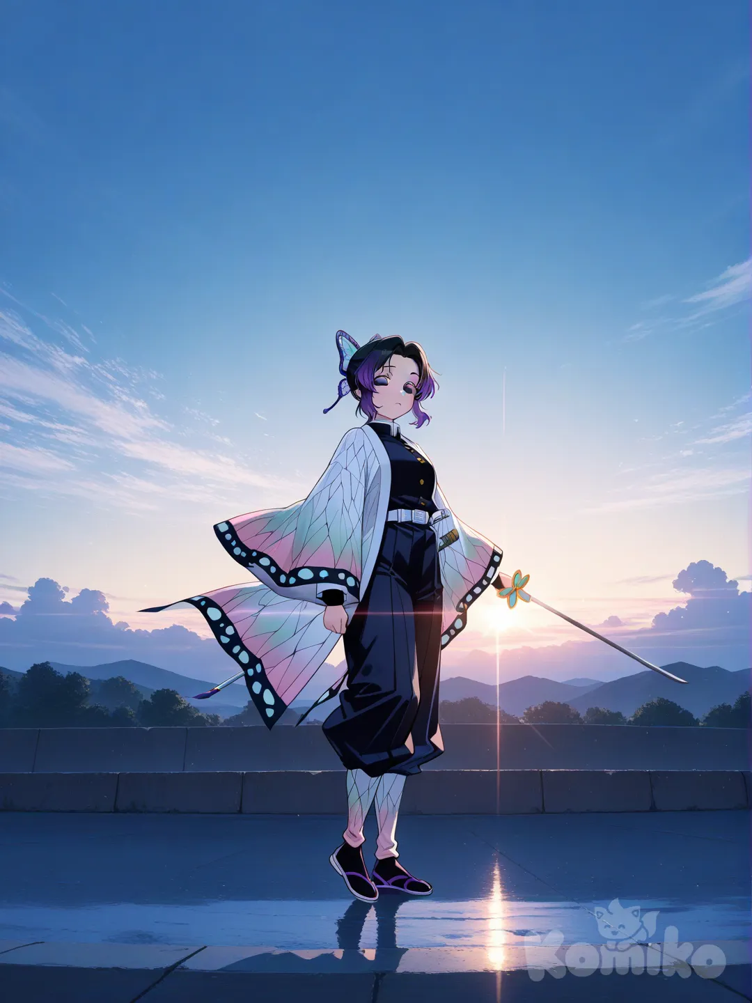 @Kochou_Shinobu, holding sword, frown, wide shot, blue sky, top light