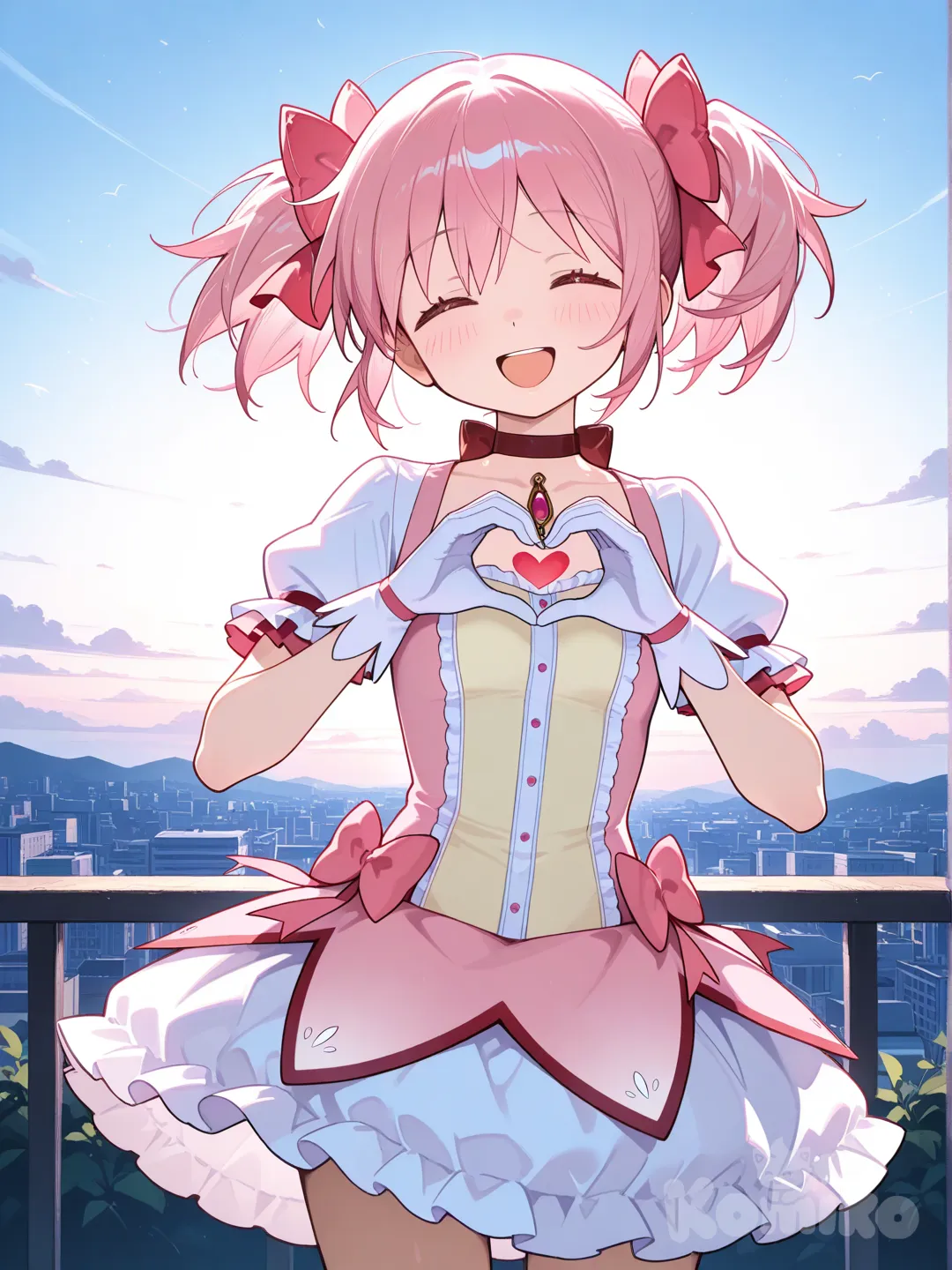 @Kaname_Madoka, heart hands, laughing, cowboy shot, side light, blue sky