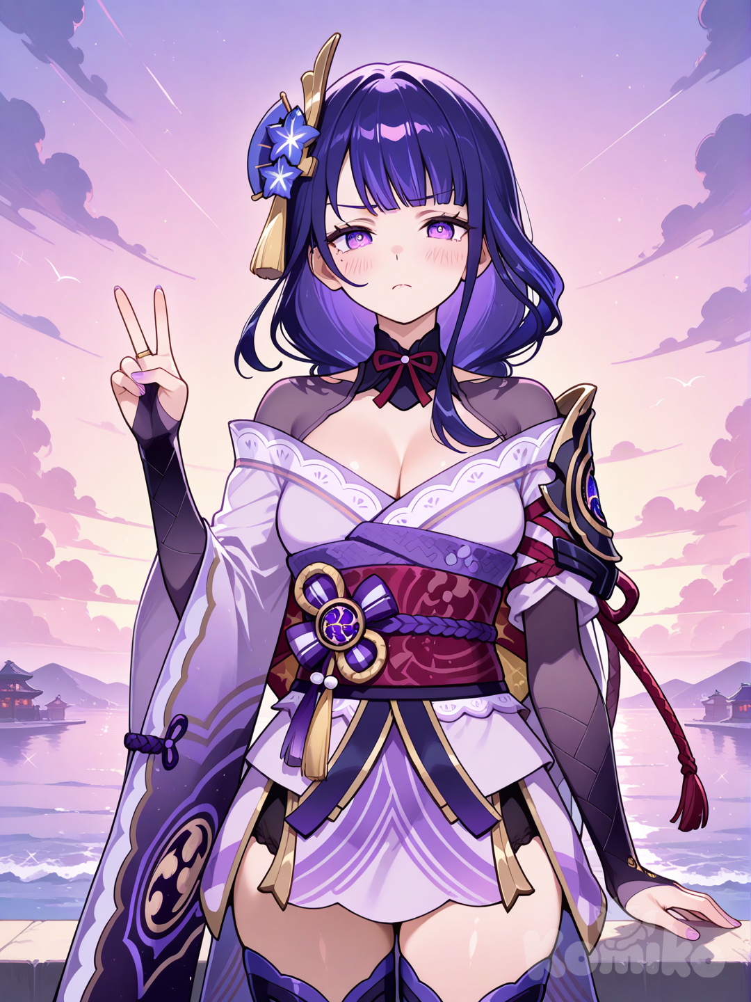 @Raiden_Shogun, v sign, frown, blush, cowboy shot, side light, cloud