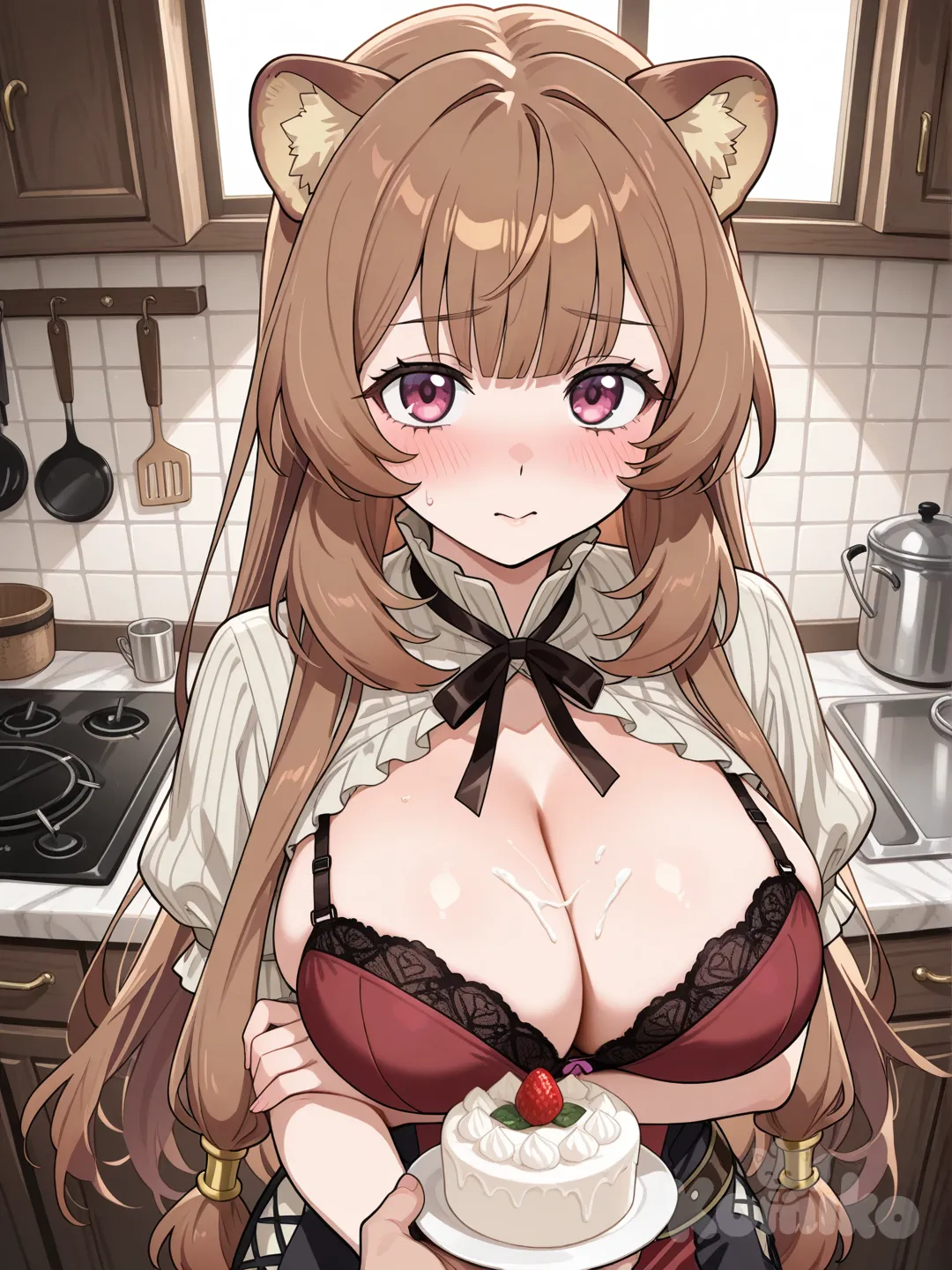 A sexy anime girl wearing a small bra that clings tightly to her chest, revealing large, perfect natural breasts. (1 girl, Raphtalia, breasts, long hair, cake, animal ears, raccoon ears, brown hair, large breasts, raccoon girl, blush, bangs, POV, open neckline, single focus, cake, kitchen, holding a cake, right arm under breasts, POV hands, looking forward)