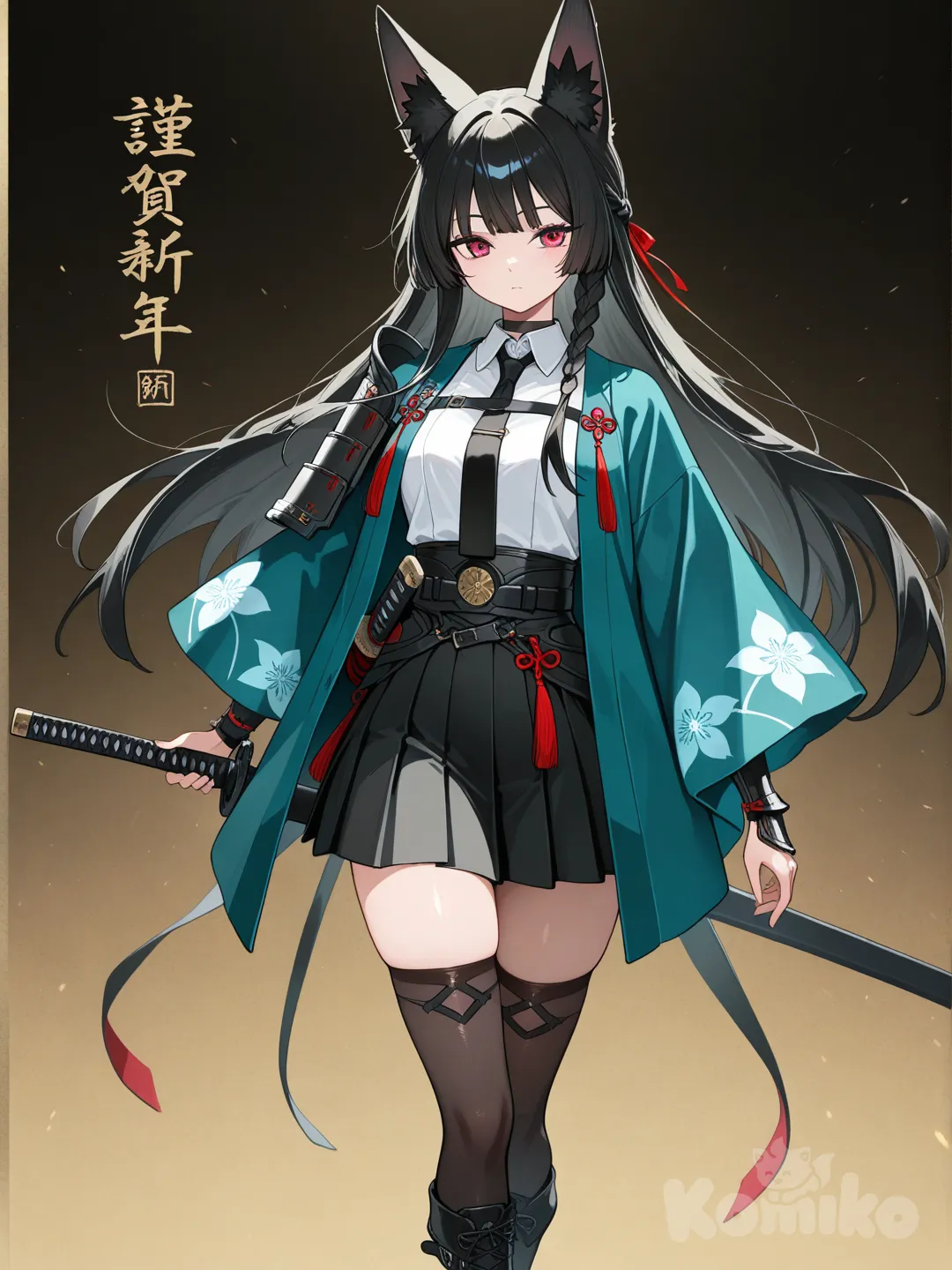 1girl, black hair, fox ears, white shirt, black skirt, skirt, tie, black tie, boots, black boots, long socks, black socks, red eyes, teal haori, long hair, braided hair, arm armor, katana, weapon at the waist
