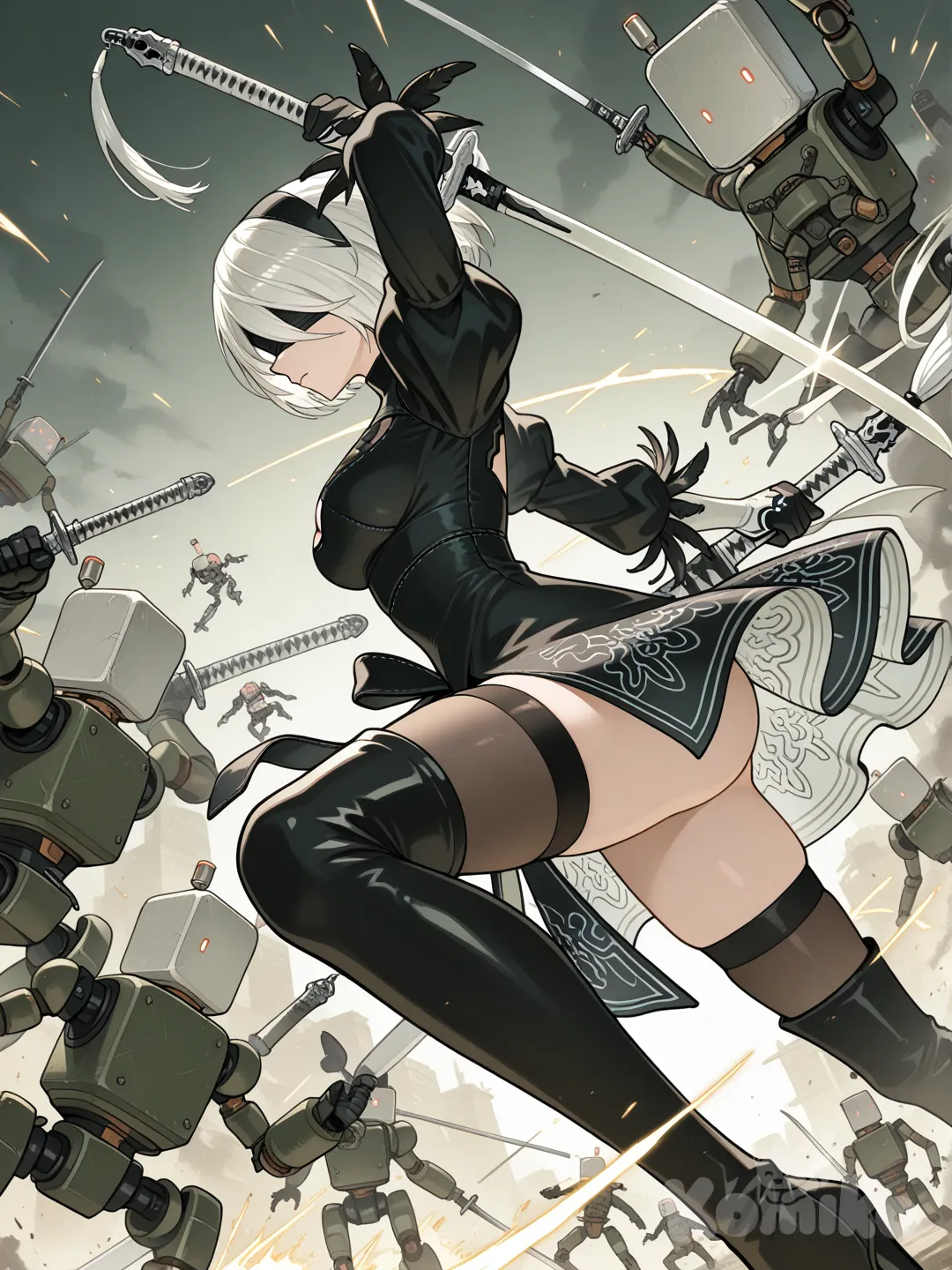 2B_(Nier:Automata), holding katana, black katana, fight, one vs army, robots army, dynamic pose, from side