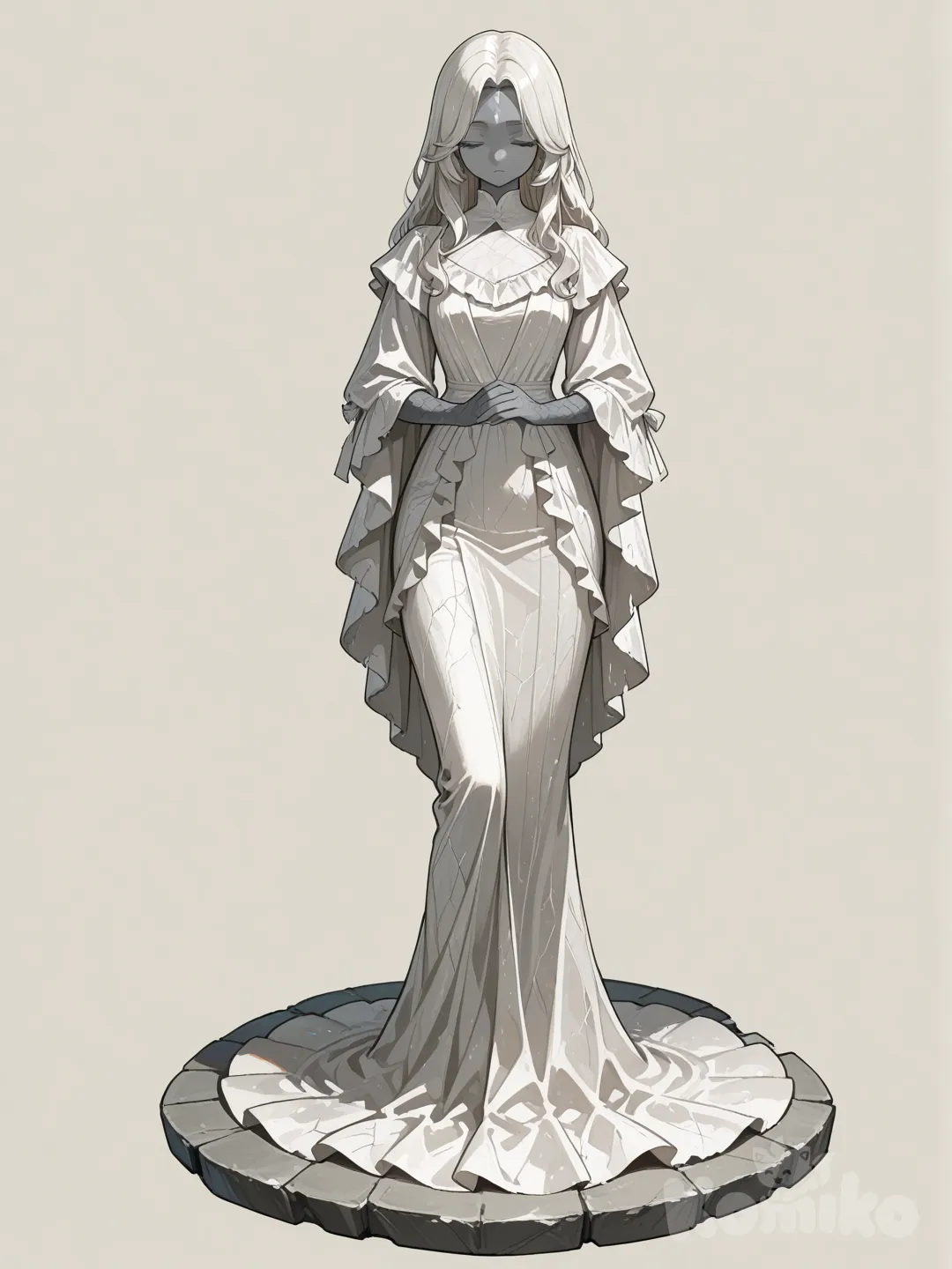 1girl, stone statue, one-piece dress, silk dress, white dress, closed eyes, own hands together