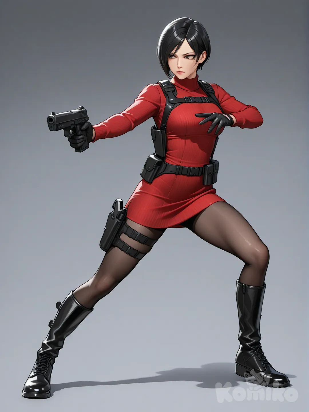 Personagem:
(Ada Wong)

Gênero:
(Feminino)

Idade aparente:
(Adulto – 25+)

Aparência física:
- Estatura: média
- Corpo: esguio e atlético
- Pele: clara
- Rosto: traços elegantes e firmes
- Olhos: escuros, olhar focado e estratégico
- Cabelo: curto, preto, estilo bob assimétrico
- Marcas: nenhuma cicatriz visível, aparência limpa e profissional

Expressão e postura:
- Expressão séria e concentrada
- Olhar direcionado ao alvo fora de quadro
- Postura firme e equilibrada
- Braço estendido com precisão, indicando treinamento tático

Vestimenta:
- Vestido ajustado de manga longa em tom vermelho escuro
- Tecido canelado, justo ao corpo
- Cinto utilitário discreto
- Coldre lateral
- Luvas pretas de couro
- Meias-calças escuras
- Botas altas pretas acima do joelho
- Visual elegante, funcional e letal

Armas / Acessórios:
- Pistola semiautomática moderna
- Coldre preso à coxa
- Arnês tático leve sobre o tronco

CENÁRIO:
- Fundo neutro de estúdio
- Ambiente limpo e minimalista
- Sensação de apresentação conceitual

FUNDO:
- Cinza escuro uniforme
- Sem elementos distrativos
- Destaque total na personagem

ILUMINAÇÃO:
- Iluminação suave e controlada
- Luz principal lateral, realçando volumes do corpo e textura do tecido
- Sombras leves para profundidade

ÂNGULO DA CÂMERA:
- Corpo inteiro
- Frontal em leve três quartos
- Altura média

CLIMA GERAL:
- Elegância tática
- Frieza profissional
- Suspense
- Ação estratégica

ESTILO ARTÍSTICO:
- Render 3D realista
- Alta definição
- Estilo cinematográfico
- Acabamento de estúdio

MODELO:
- Realista
- 3D
- Alta resolução