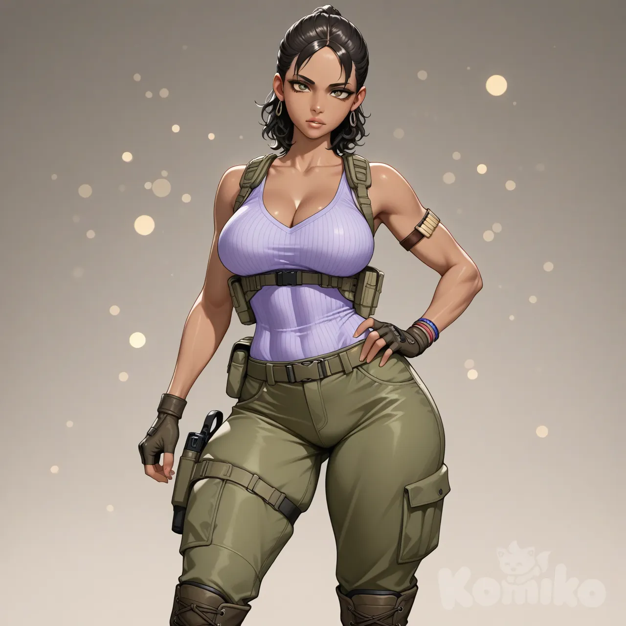 Gênero:
(Feminino)

Personagem:
(Sheva Alomar)

Etnia:
(asiática)

Idade aparente:
Adulto(a), 18+ (22–30 anos)

Altura e porte físico:
Altura média, corpo curvilíneo e atlético

Cor da pele:
Morena

Formato do corpo:
Ampulheta / slim thick

Seios:

- Tamanho: grandes
- Formato: arredondados
- Simetria: simétricos
- Posição: elevados

Bumbum:

- Tamanho: grande
- Formato: redondo
- Definição: firme e suave

Cintura e quadris:

- Cintura: fina
- Quadris: largos
- Relação cintura–quadril bem definida

Barriga:
Lisa, levemente definida, abdômen suave

Pernas:
Bem definidas, coxas torneadas

Braços:
Finos, suaves, com leve definição

Pescoço e clavícula:
Delicados, clavículas visíveis

Rosto:
Formato oval, traços suaves, aparência atraente e harmoniosa

Expressão facial:
Confiante, séria e levemente sensual, olhar marcante

Olhos:
Castanho mel, grandes, brilhantes e expressivos

Lábios:
Médios a carnudos, bem definidos

Nariz:
Aparência natural, suave, sem definição marcada

Orelhas:

- Tamanho médio
- Formato natural
- Levemente arredondadas
- Harmoniosas com o rosto

Cabelo:

- Cor: preto
- Tipo: cacheado
- Comprimento: 30 cm
- Estilo: preso parcialmente, moderno

Postura corporal:
Pose confiante, postura relaxada, curvas naturais evidenciadas

Vestimenta:
Regata tática ajustada roxa/lilás com decote em V moderado, tecido resistente e justo ao corpo, arnês/colete tático marrom com tiras de couro sobre os ombros, luvas sem dedos de couro marrom, calça cargo verde-oliva ajustada com bolsos utilitários, cinto tático de couro na cintura, coldre de perna com tiras ajustáveis, botas altas de couro marrom estilo militar, braceletes e acessórios táticos nos braços, visual de combatente experiente, funcional e realista

Pose:

- Em pé
- Corpo levemente inclinado
- Ombros relaxados
- Quadris suavemente destacados
- Postura elegante, segura e confiante

Cenário:
Ambiente urbano moderno

Iluminação:
Iluminação suave e dramática, sombras delicadas valorizando o corpo

Estilo visual:
Realista / 3D estilizado / hiper-realista

Qualidade:
Alta resolução, render profissional, foco nítido, nível AAA game

Fundo:

- Prédios contemporâneos
- Cores neutras (tons de cinza e bege)
- Leve desfoque (bokeh)
- Iluminação natural suave

Tipo de personagem:
Realista, não anime