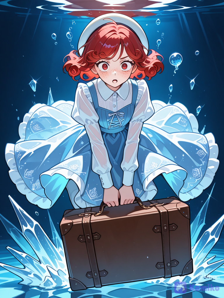 A beautiful girl with curly red hair, a face with freckles, her eyes, dressed in a 1912 outfit, frozen in a diving pose, her body sinking with a suitcase and a Hats off to her, she's trapped in a block of transparent ice.