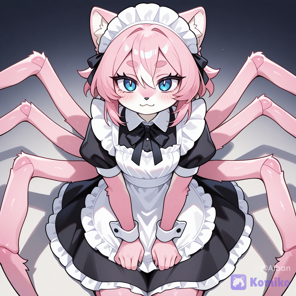 Magnifique araignée furry de couleur rose qui porte une tenue maid café yeux bleus douce grande beauté et corps segmenter elle fait 15 cm de hauteur
