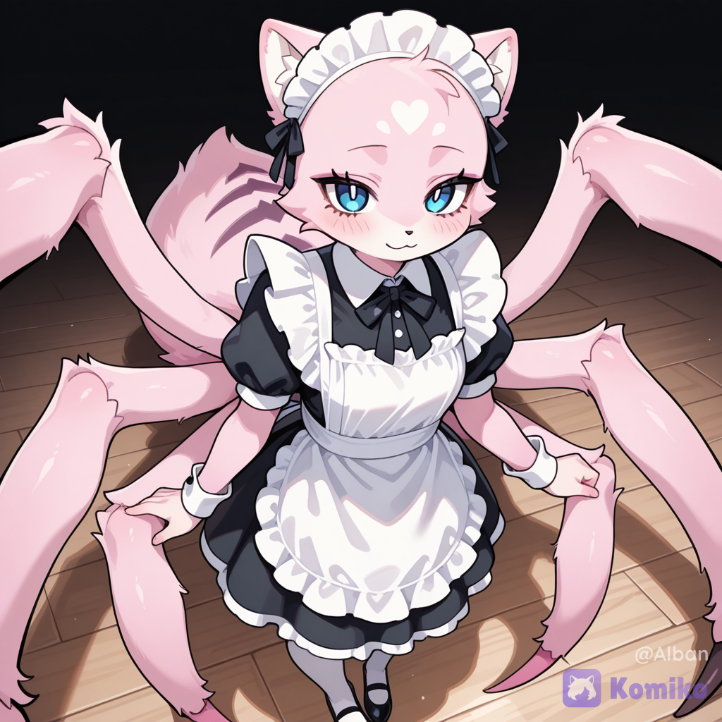 Magnifique araignée furry de couleur rose qui porte une tenue maid café yeux bleus douce grande beauté et corps segmenter elle fait 15 cm de hauteur