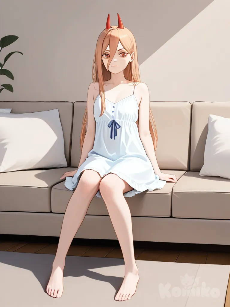 Power (Chainsaw Man), nightgown, living room, sitting, on couch, watching TV, full body