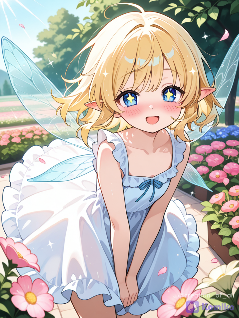 A cute fairy with golden hair and eye like stars flying in the flower garden as she sees you making a cute expression with blush face