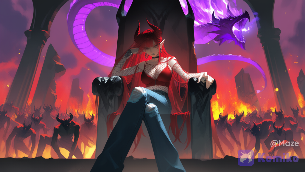 @maze-rrl4 sit on a demonic throne, army demon kneeling,cold rage, hellfire, ruins démonic power, hand pointing forwhard, unleash the hell, purple dragon in the sky, [aqua-dreamlight-style]