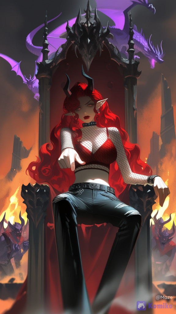 @maze-rrl4 sit on a demonic throne, army demon kneeling,cold rage, hellfire, ruins démonic power, hand pointing forwhard, unleash the hell, purple dragon in the sky, [aqua-dreamlight-style]