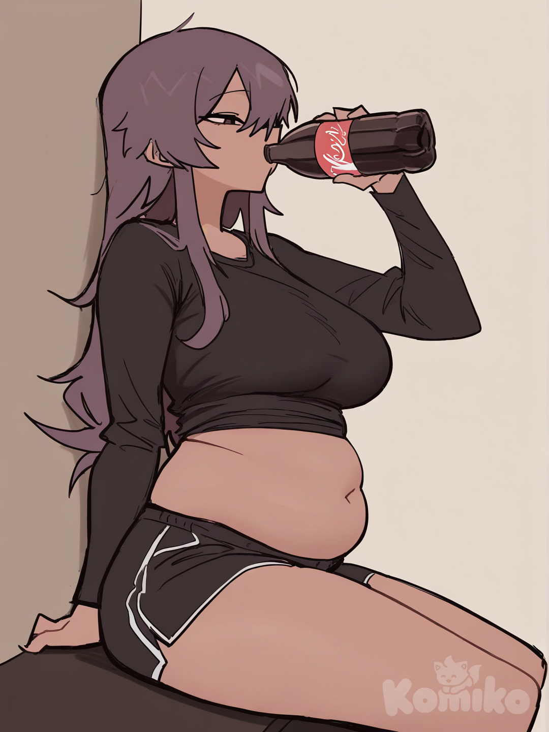 A plus-size woman, dressed in a simple black bralette and dark athletic shorts, sits indoors. She attentively drinks from a large, half-empty bottle of Coca-Cola, her head tilted back. Her soft abdomen is visible, accentuating her natural curves. The background is a smooth, light beige wall. The lighting is soft and diffused, the shot is from a medium height, and the image is photorealistic, capturing a spontaneous moment. It is ultra-detailed, in 8K resolution, and features realistic shading.