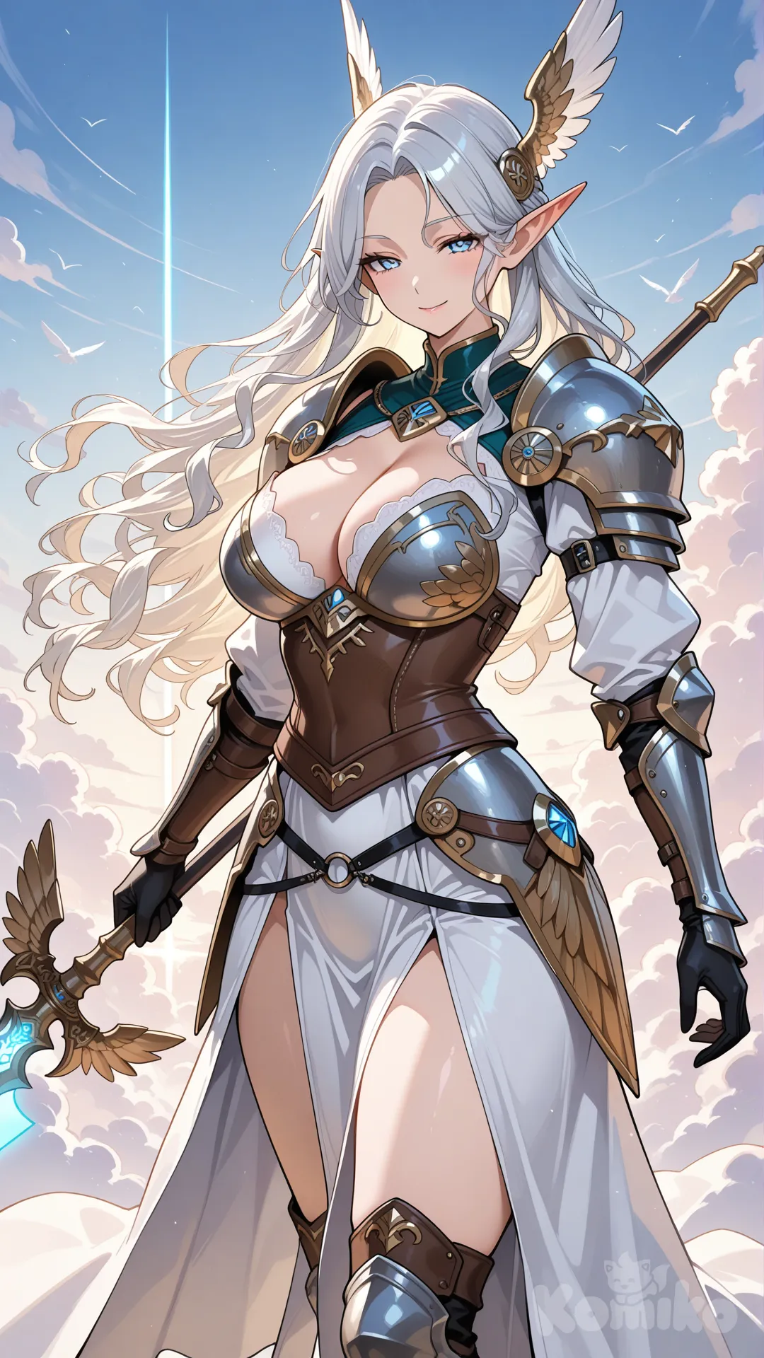 Goddess, mature female, elf, long wavy hair, silver hair, light blue eyes, large breasts, valkyrie outfit, Valkyrie, holding a magic spear, beautiful, sensual, warrior-like, on the clouds