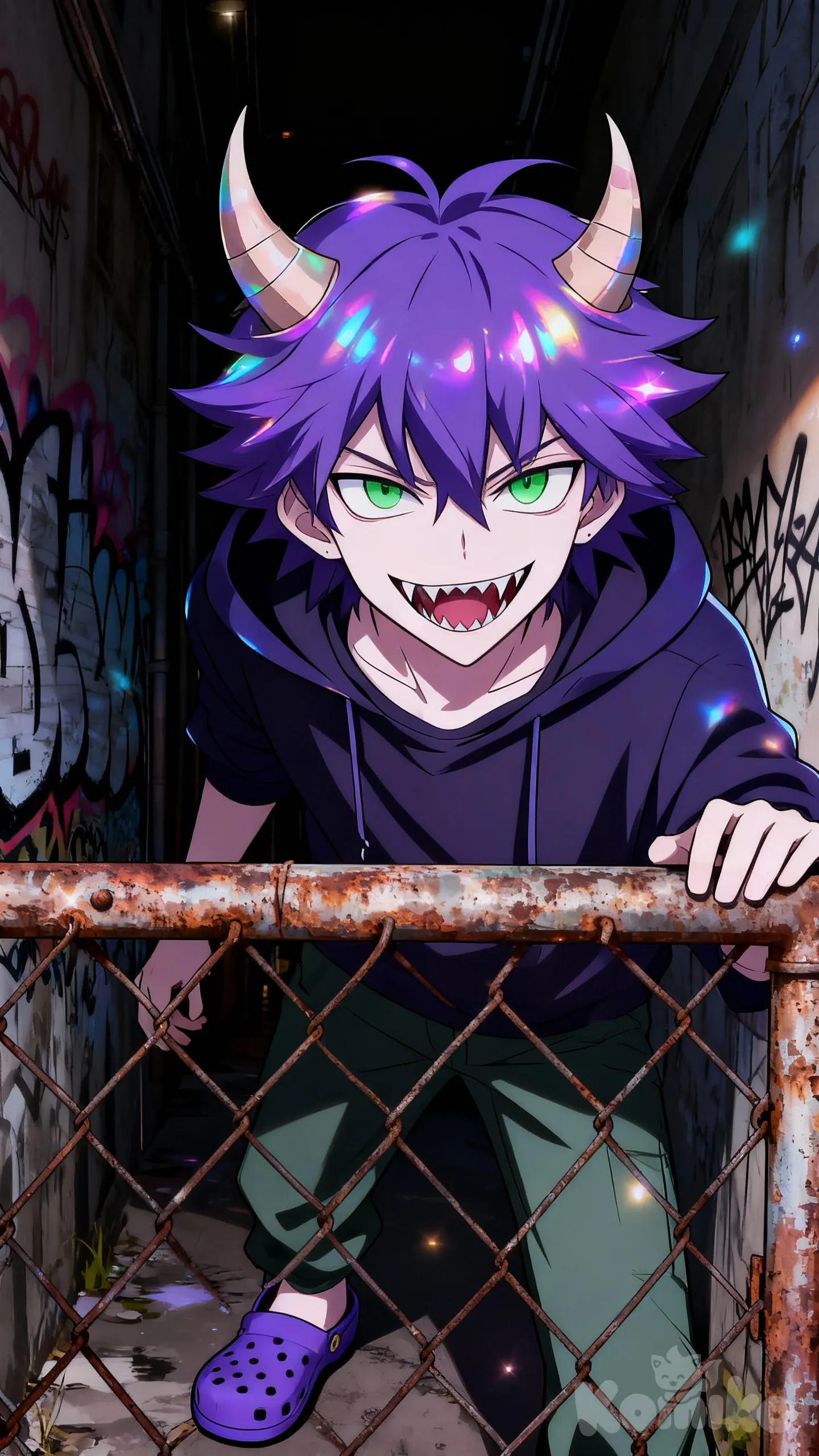 @vexar-the-fallen-EiUr, demonic smile, fangs, intimidating gaze, looking at the viewer, behind a metal fence, night, alley, graffiti-covered wall, [iridescent-style], thick outline, lineart, vibrant color, traditional media, graphite (medium), soft shadow