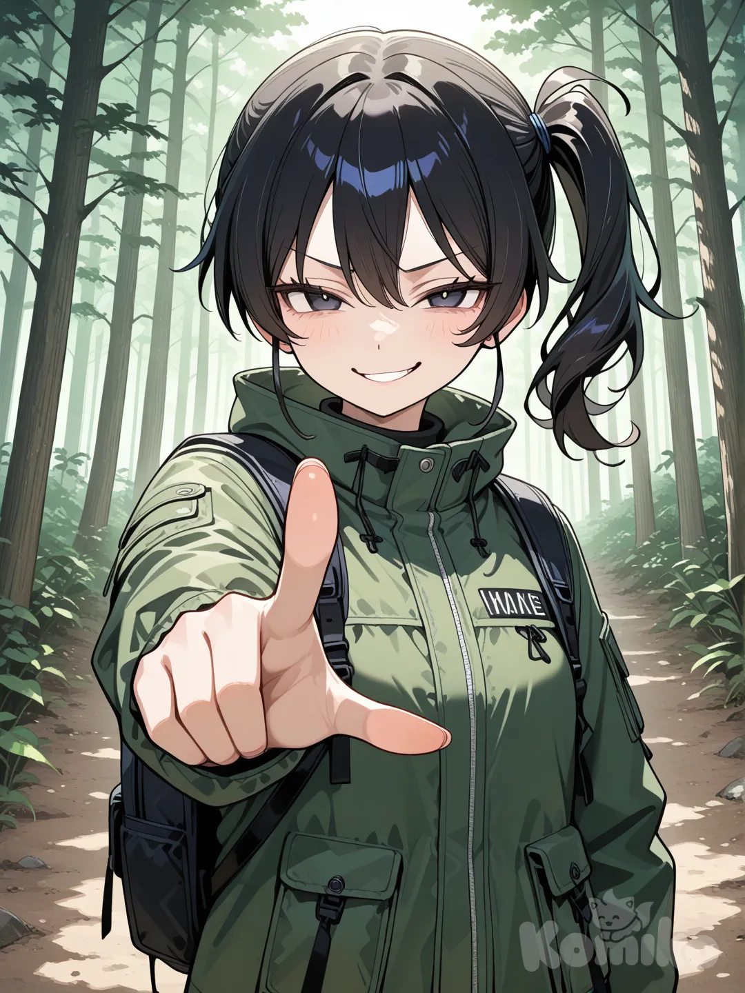 [semi-realistic--style], pointing at viewer, evil smile, outdoor adventure jacket, side ponytail, charcoal black, upper body, forest