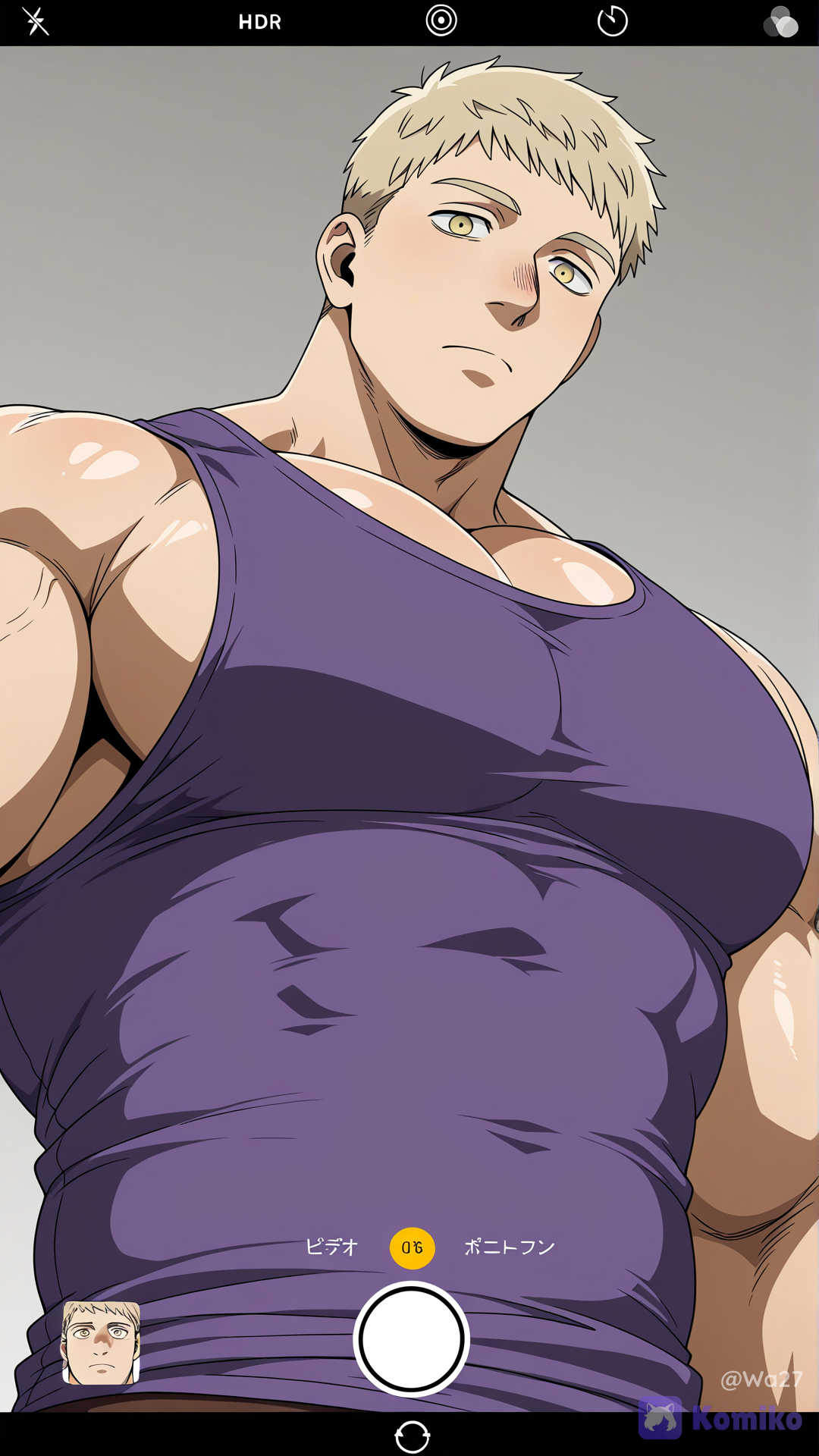 Laios Touden (Dungeon Meshi), adult male, extremely muscular physique, broad shoulders, thick chest, defined arms, short messy blond hair, golden eyes, light skin, anime style. Wearing a loose purple sleeveless tank top stretched tightly across his massive chest. Low-angle selfie perspective from below, camera positioned under the chest looking upward at the face, identical composition and framing to the reference image. Character looking directly into the camera with a calm, neutral expression. Head slightly tilted, shoulders filling almost the entire frame, chest dominating the foreground, upper torso only. Soft indoor lighting, smooth gray background, glossy skin highlights, highly anime illustration, clean lineart, vibrant colors, high resolution, perfect anatomy, sharp focus., [bold-anime-screencap-style]