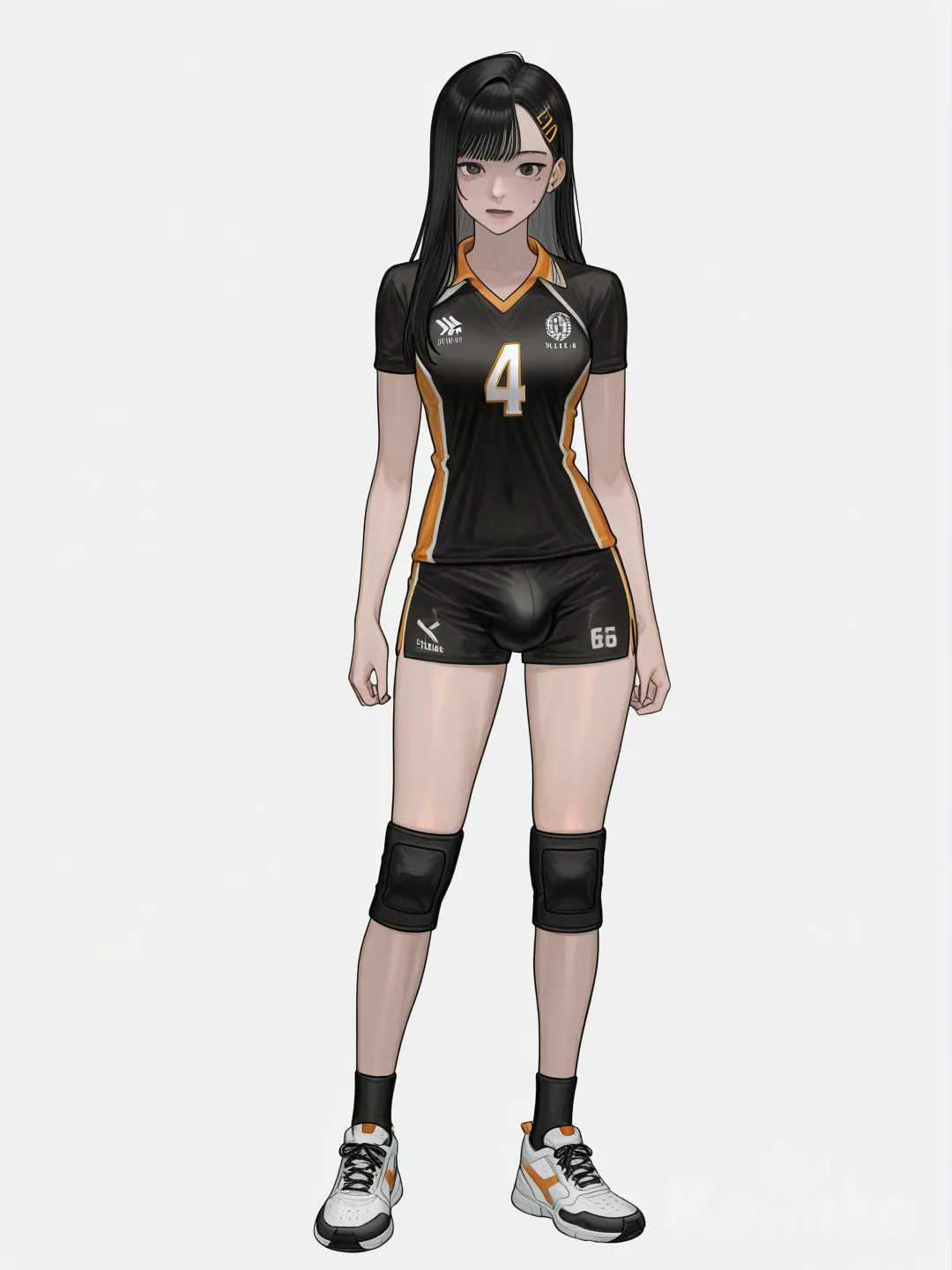 Teen futanari bulge, medium Dick, full body, [digital-painterly-style] , black eyes, volleyball uniform