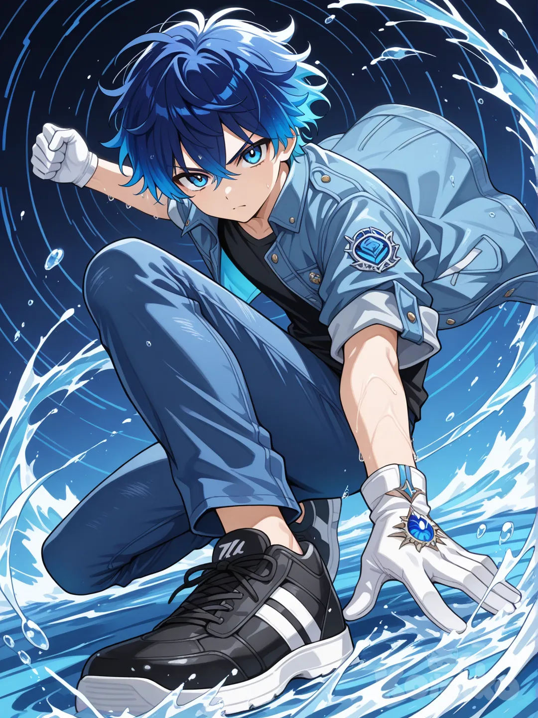 Personaje principal Chico de :
- Cabello: Azul brillante, desordenado que refuerza la sensación de movimiento y energía.
- Rostro: Transmite determinación y enfoque, típico de un protagonista en plena acción.
- Guantes: Blancos, estilo deportivo, uno cerrado en puño y el otro abierto, como si canalizara energía o controlara el agua, con una gema en forma de gota de agua en el guante izquierdo.
👕 Vestimenta
- Chaqueta: De mezclilla azul, con pliegues y sombras que le dan textura realista.
- Camiseta: Negra, ajustada, contrastando con la chaqueta y reforzando el estilo urbano.
- Pantalones: Jeans azules, en sintonía con la chaqueta, con detalles de costura visibles.
- Zapatillas: Negras, deportivas, con suela blanca. Refuerzan el look moderno y funcional.
💥 Postura y acción
- Piernas: Flexionadas, como si estuviera en medio de un salto o ataque.
- Brazo derecho: Extendido hacia adelante en puño, transmitiendo fuerza.
- Brazo izquierdo: Abierto, con los dedos extendidos, como si estuviera manipulando el agua.
🌊 Efectos de agua
- Olas: Rodean al personaje en espiral, con tonos azules intensos y blancos que simulan espuma.
- Movimiento: Las curvas del agua sugieren que está girando o invocando una técnica especial.
- Estilo: El agua tiene un diseño estilizado, tipo anime, con líneas de energía y brillo.
-Cuerpo: Masculino de 19 años en adelante