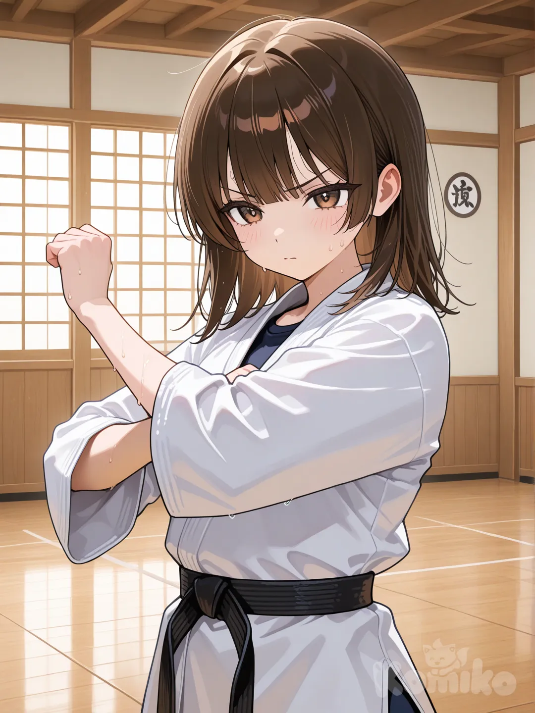 Chica Anime de cabello castaño de melena mediacorta de flequillo lineal recto vestida de karateca entrenando