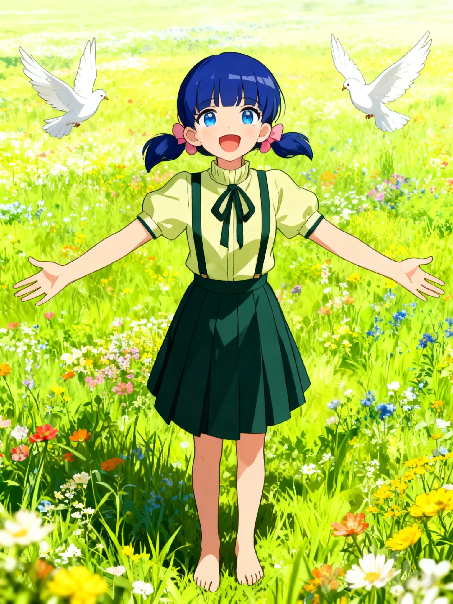 niña anime de cabello azul de flequillo recogido de dos medianas coletas en la nuca abajo con moños rosados de ojos azules y mirada alegre y dulce riendo vestida de blusa amarillo verdoso claro manga corta e inflada con cuello y un liston verde mate oscuro, falda pliseada mae oscuro y suspensores verde mate oscuro descalza parada frente a la camara con los brazos estirados de lado a lado recto y las palmas de las manos al cielo las piernas y pis juntos en un campo de flores con dos palomas volando cerca
