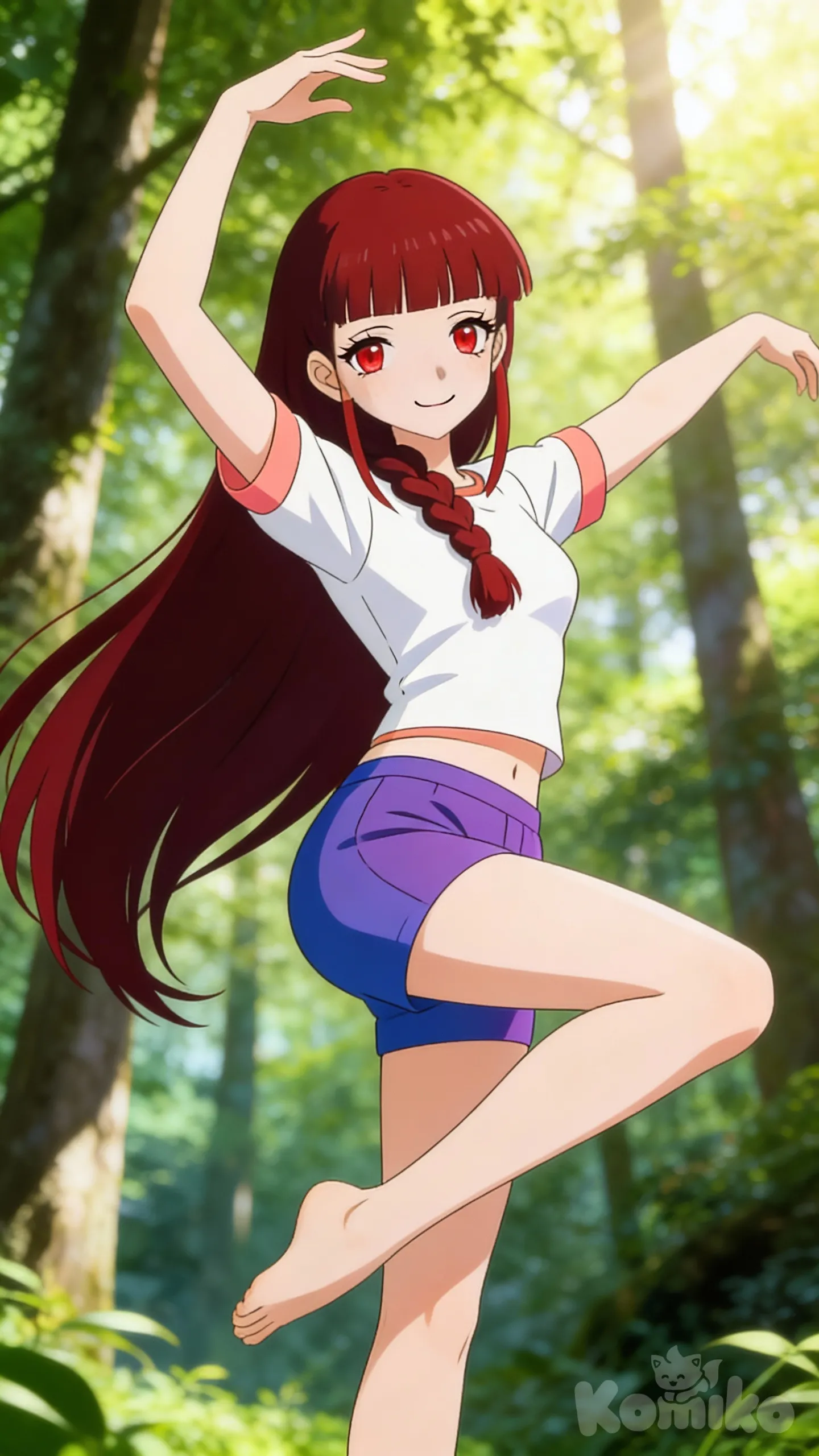 chica anime de cabello pelirrojo oscuro largo de flequillo recto y coleta entrenzada adelante hasta el pecho ojos delgados de color rojizo y mirada dulce, de playera manga corta blanca con bordes salmones en las mangas, short manga corta azul violeta descalza realizando piruetas gimnasticas en un bosque