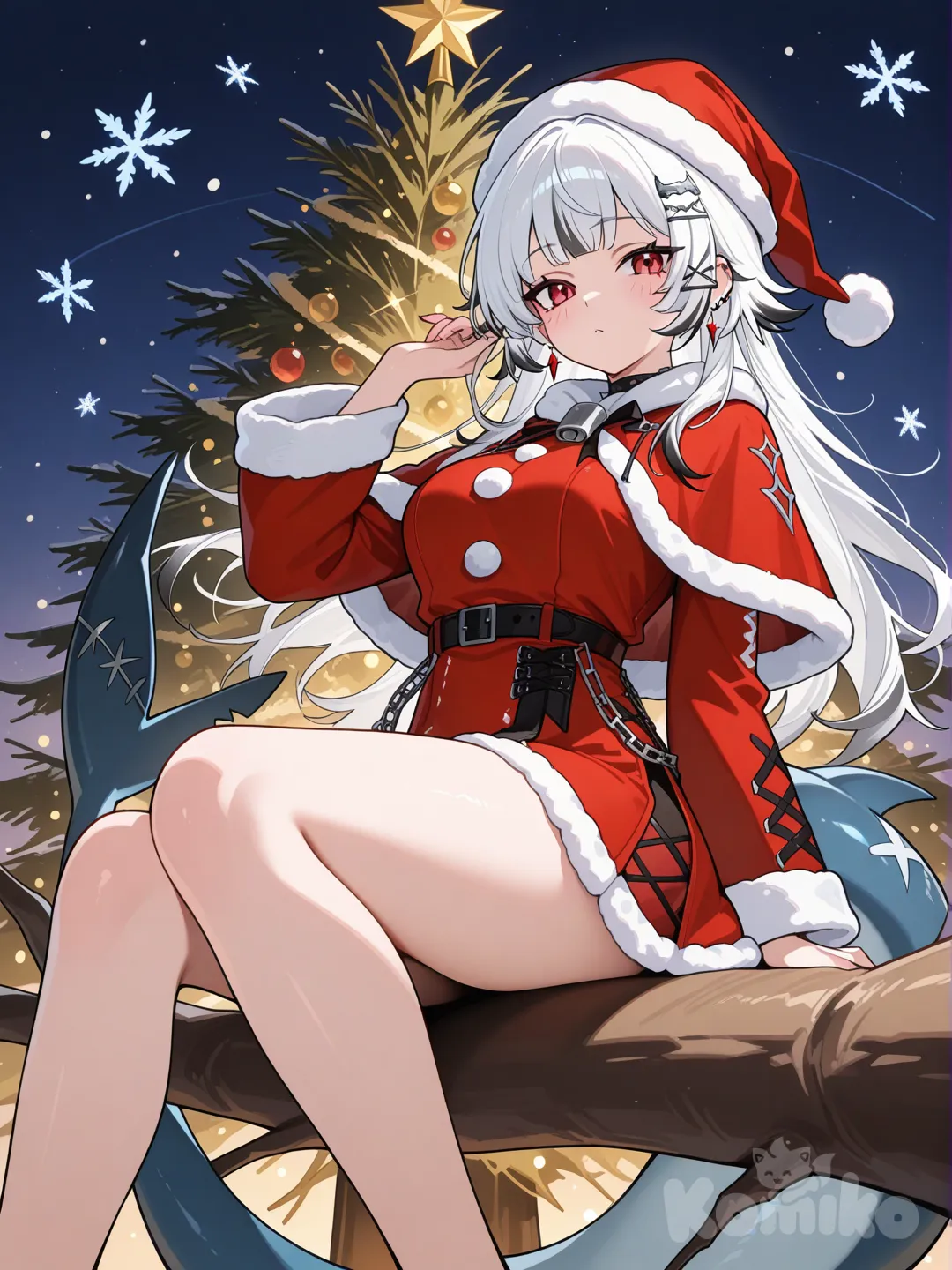 ellen joe, joe con pelo blanco con la ropa con ropa navideña sentada en un árbol