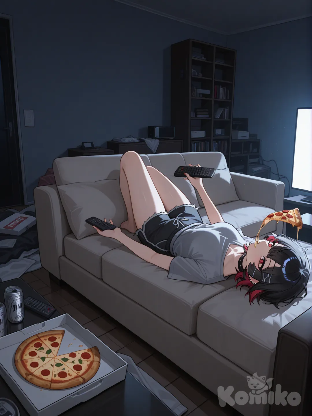 ellen joe, original bebiendo cerveza en el mientras ve televisión acostada en el sofá
Y come pizza en la cama