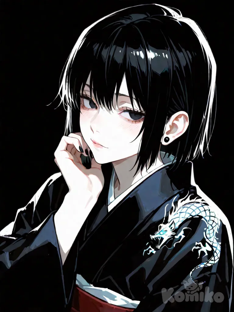 1girl, pale skin, black hair, dark eyes, fox eyes, anime, cute, soft expression, japan dark clothes, jujutsu kaisen