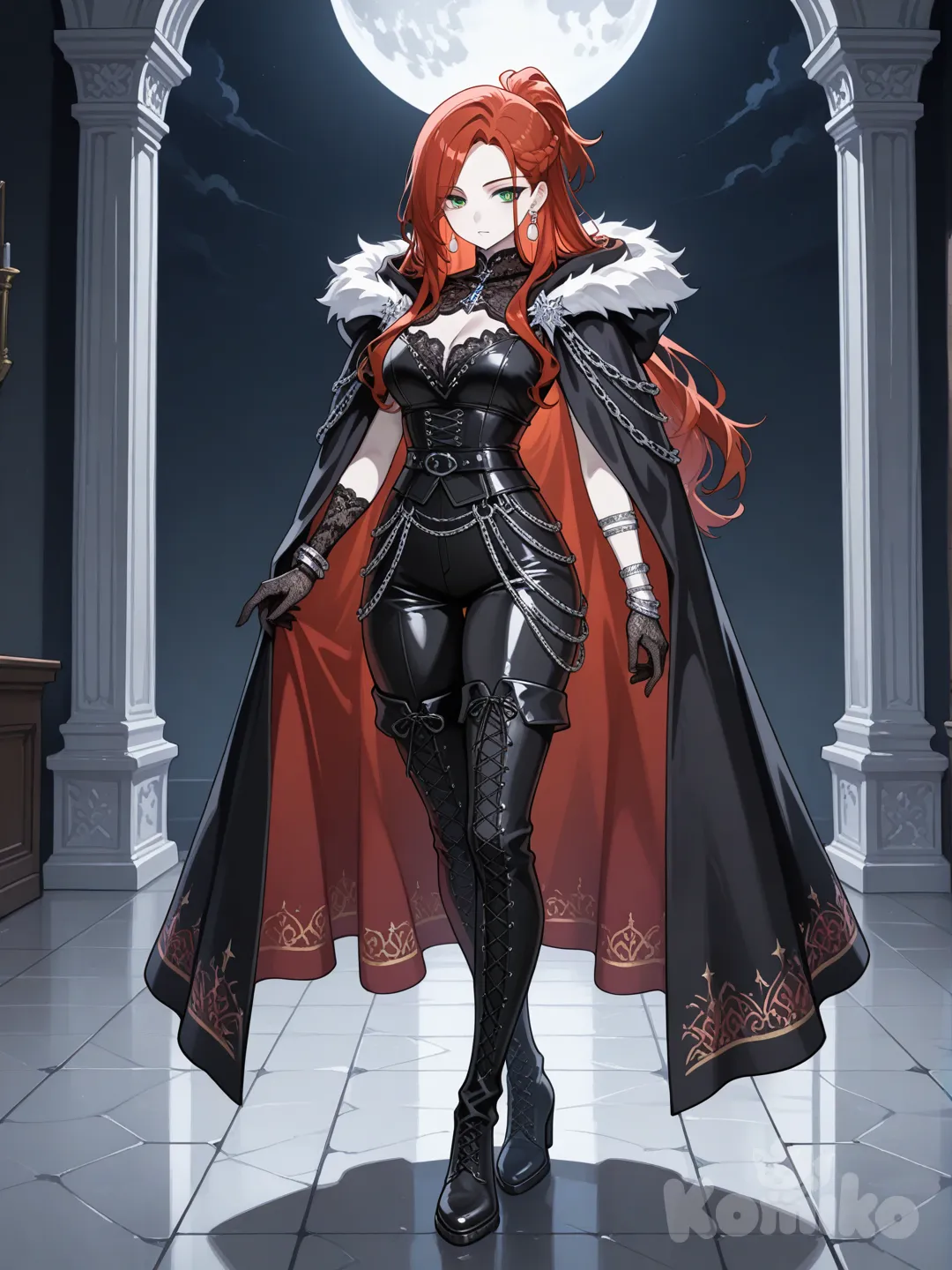 The sorcerer is a girl with very fair skin, swamp-colored eyes (hazel-green), long red hair with a hint of scarlet, pulled back into a half-up ponytail/loose braid, black clothes with frills, a lace shirt, leather pants, a silver bracelet with small chains wrapped around her arm several times, high black leather boots with lacing, black lace gloves, a fur-trimmed cloak with a hood, a floor-length cloak, and silver earrings in the shape of a moon.