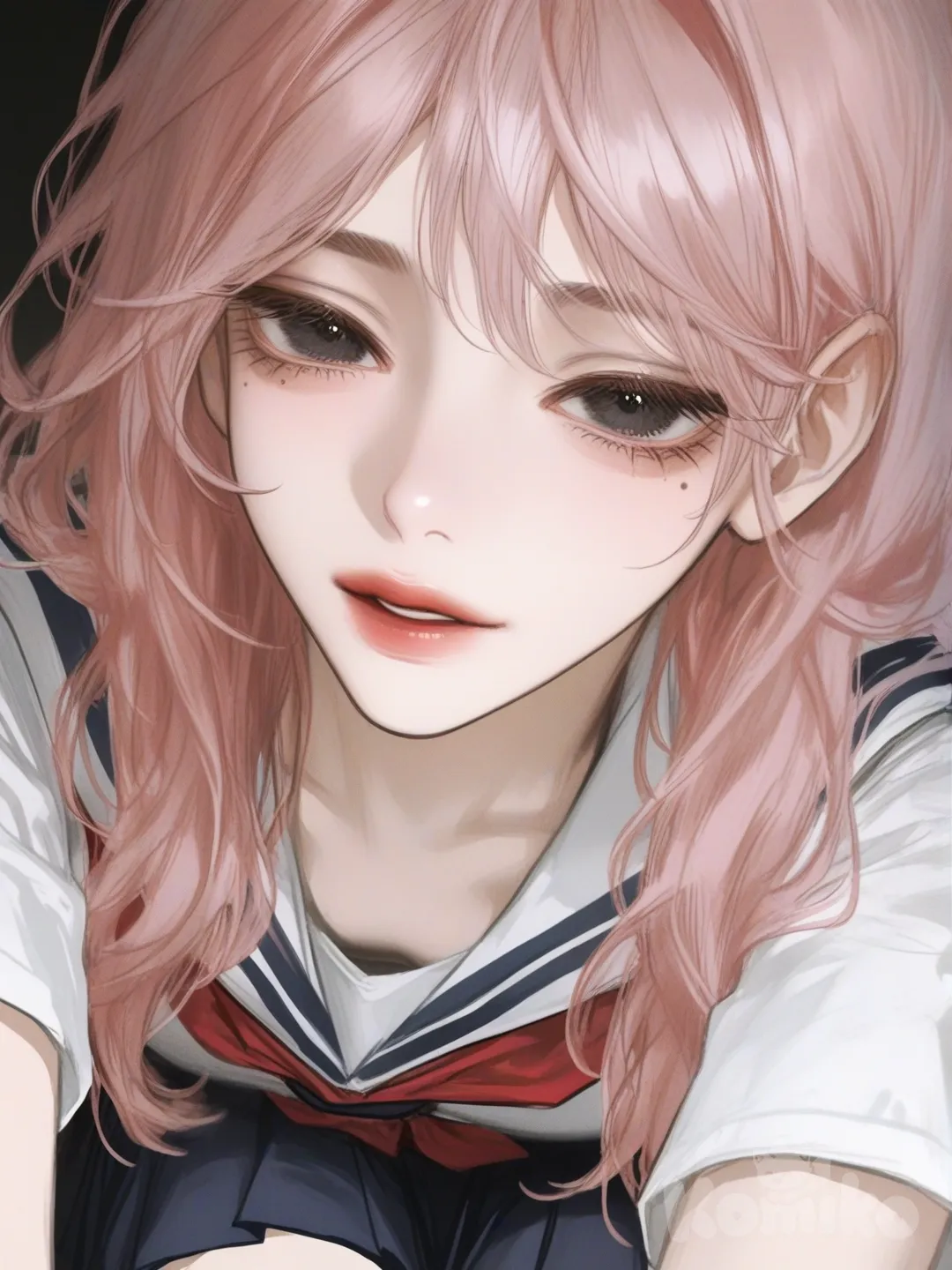 1girl, slim, light_pink_hair, long_hair, black_eyes, fair_skin, school_uniform, single character, haikyuu style, cute, short pleaded skirt, mole under the eye, cute pose, [semi-realistic-portrait-style]