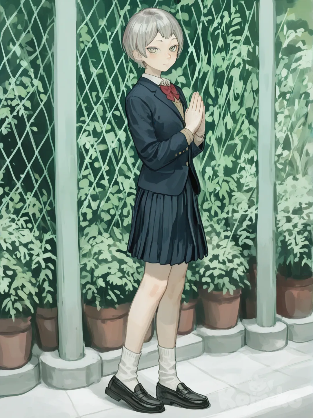 1girl, slim, silver_hair, short_hair, gray_eyes, fair_skin, school_uniform, single character, full body, looking at viewer, calm, cute, haikyuu style, original character in the world of haikyuu, [soft-painterly-style]