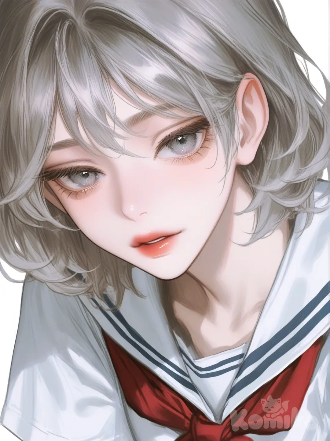 1girl, slim, silver_hair, short_hair, gray_eyes, fair_skin, school_uniform, single character, cute, calm face white background, haikyuu style, original character in the world of haikyuu, [semi-realistic-portrait-style]