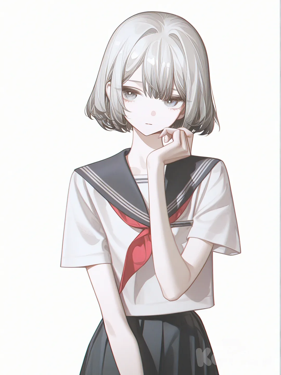 1girl, slim, silver_hair, short_hair, gray_eyes, fair_skin, school_uniform, single character, cute, calm face white background, haikyuu style, original character in the world of haikyuu, [high-contrast-glossy-style]