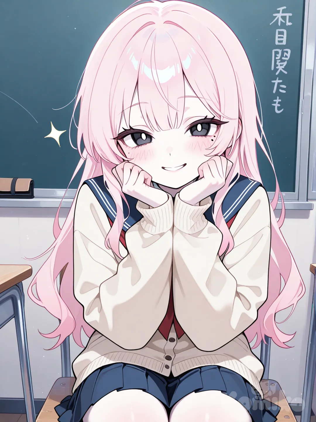 1girl, slim, light_pink_hair, long_hair, black_eyes, fair_skin, school_uniform, single character, cute, short skirt, mole under the eye, cute pose