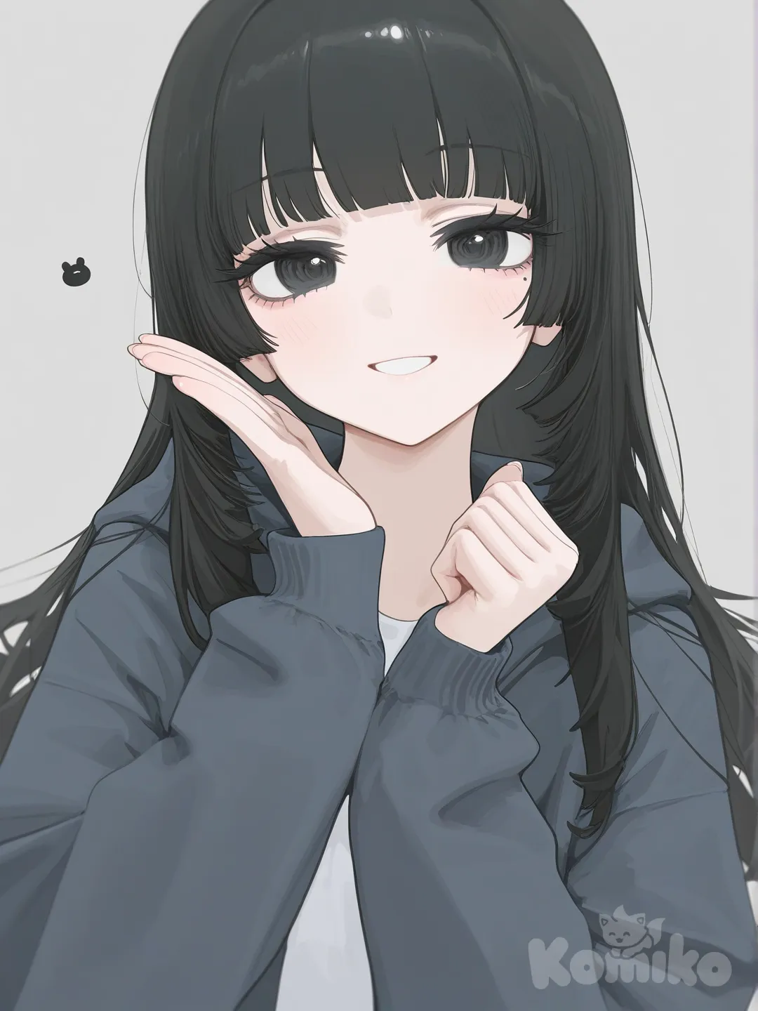 1girl, slim, black_hair, long_hair, black_eyes, fair_skin, single_character, jujutsu_kaisen_style, cute, mole_under_th_eye, cute_pose, [vibrant-anime-style]