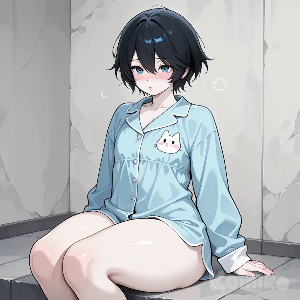 black hair, blue eyes, femboy, blush, pajamas, thick thighs, pale skin, pink lips, [glossy-anime-style], sitting on the ground, @Nier_(Young)