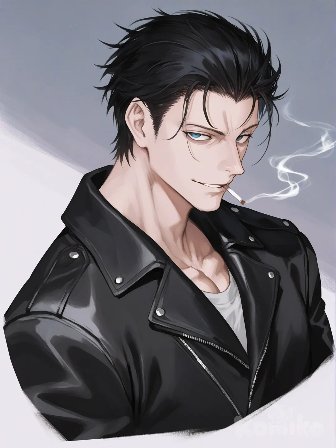 pale skin, muscular male, black hair, loose hair strand, blue eyes, slim eyes, cigarette in mouth, black leather jacket, [serious-man-style], smile