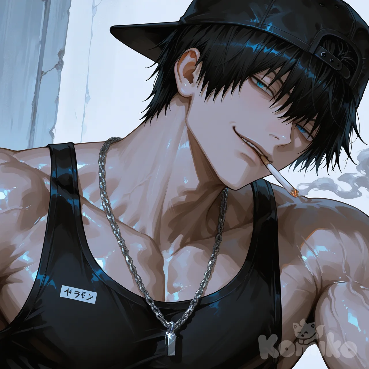 1boy, black tank top, muscular male, pale skin, cigarette in mouth, backwards black cap, messy hair, black hair, silver chain, blue eyes, gangster, smirk, Fushiguro Touji, short hair, [sensual-glossy-style]